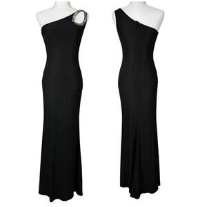 Mac Duggal NWT Black Gold Jersey Maxi Dress Rhinestone Embellished Cutout Sz XS